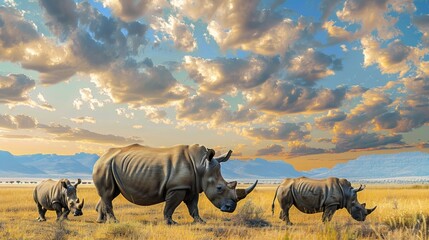 Fototapeta premium White Rhino Family in African Savanna at Sunset.