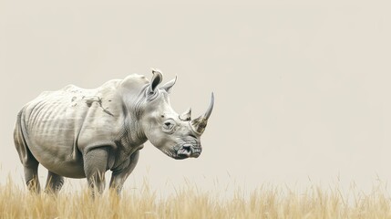 Fototapeta premium White rhinoceros standing in tall grass.