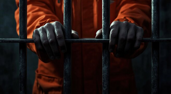 Prisoner in orange jumpsuit gripping prison bars in dark setting