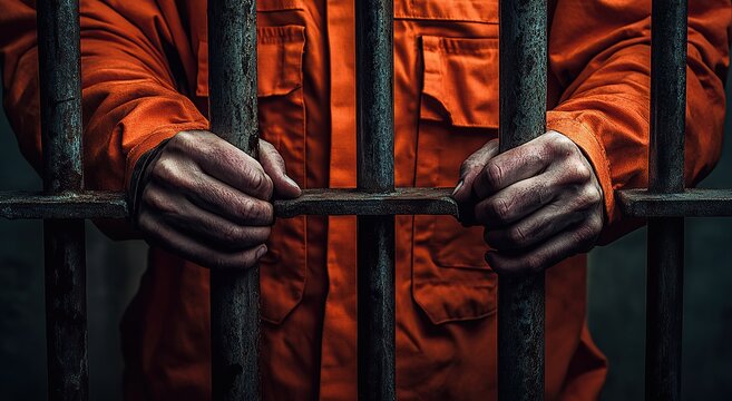 Close-up of prisoner in orange jumpsuit gripping jail cell bars