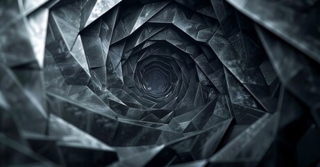 Obraz premium A spiraling, metallic tunnel, composed of sharp, geometric shapes, descends into an abyss of darkness, inviting curiosity and a sense of mystery.
