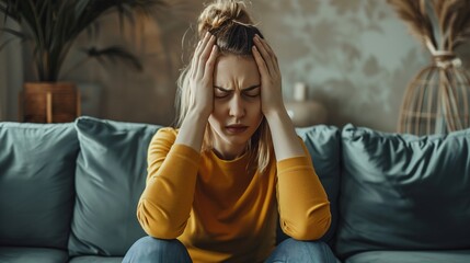Obraz premium Woman with headache and migraine sitting on couch feeling bad and dizzy. Hands grab your head. Burnout symptoms and facial expressions distorted in pain