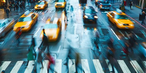 Obraz premium A busy urban street with blurred motion of cars and pedestrians, capturing the essence of city transportation