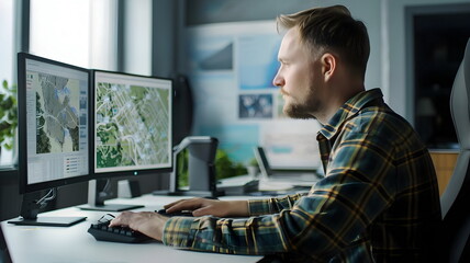 Professional Analyst Working Dual Monitors Mapping Software Detailed Insights
