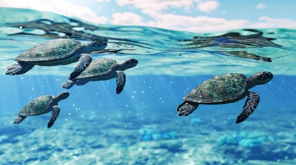 Sea Turtles Swimming Underwater.