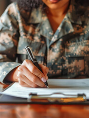 A woman in a military uniform is writing with a pen on a piece of paper
