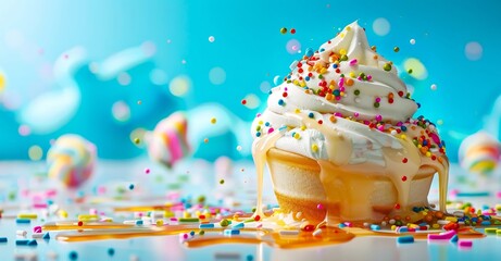 A vanilla ice cream cone overflowing with colorful sprinkles melts, creating a sweet, playful scene as colorful sprinkles cascade onto a reflective surface.