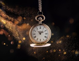 An old pocket watch with floating particles symbolizing the passing of time against a black background