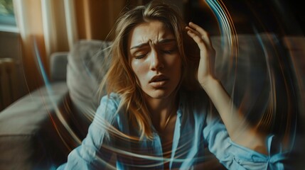 Fototapeta premium Woman with headache and migraine sitting on couch feeling bad and dizzy. Hands grab your head. Burnout symptoms and facial expressions distorted in pain