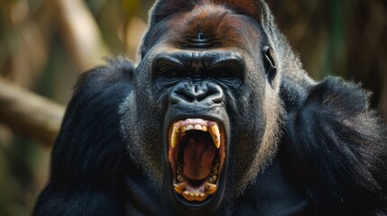 Large or big silverback black gorilla, angry powerful animal roaring in jungle wildlife nature. Strong beast screaming, aggri