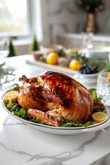 A beautifully poached and juicy turkey, perfectly browned with rich whole maple syrup glaze on top of fresh greens. A white marble countertop sets off the colors of both the dish and surroundings.
