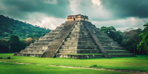 Ancient Pyramid structure amidst lush green surroundings Creative AI, prehistoric, architecture, tiwanaku