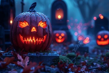 Naklejka premium Ghoulish Cemetery Scene with Glowing Jack O' Lanterns on a Spooky Halloween Night