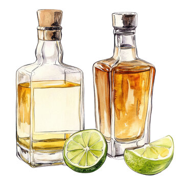 Tequila Bottles and shots of tequila clip art watercolor illustration isolated on the white background