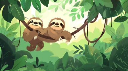 Obraz premium Two sloths hugging on a branch in a jungle.