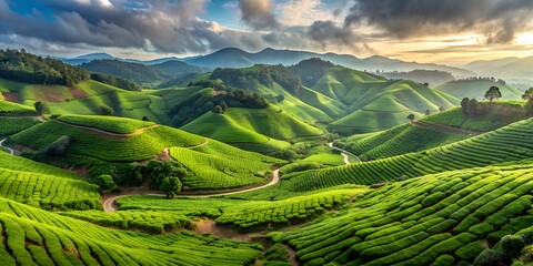 Fototapeta premium Breathtaking panorama of lush green tea gardens winding up the hills Generative By AI, outdoors, green