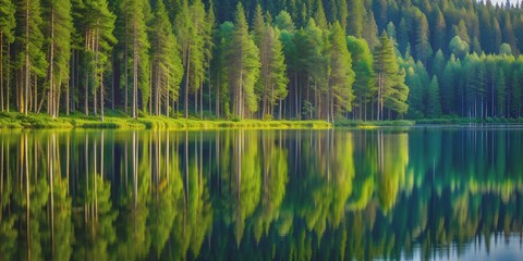 Serene forest landscape with tall trees reflected in calm lake water Creative AI, serenity, forest, calm, trees