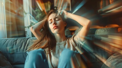 Fototapeta premium Woman with headache and migraine sitting on couch feeling bad and dizzy. Hands grab your head. Burnout symptoms and facial expressions distorted in pain