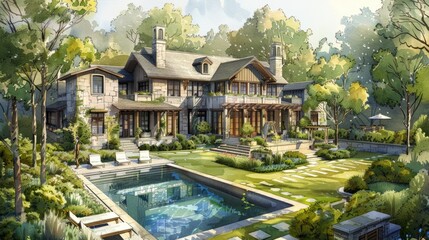A picturesque, charming house with a swimming pool and lush greenery. The house has a traditional style and is surrounded by beautiful landscaping.