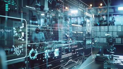 Automation system structure on virtual screen. Smart manufacturing technology and internet of things concept. 