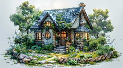 Fototapeta premium A charming stone cottage with a lush green garden and a whimsical facade.
