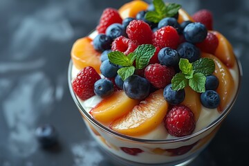 Delicious Fresh Fruit Parfait With Raspberries, Blueberries, and Peaches Made in a Modern Kitchen
