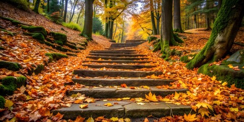Crisp autumn leaves scattered across ancient forest steps, frozen in time. AI-Created Content, rustic, Forest