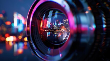Close-up of a vintage camera with reflections of a cityscape in its lens, Photography, Nostalgia