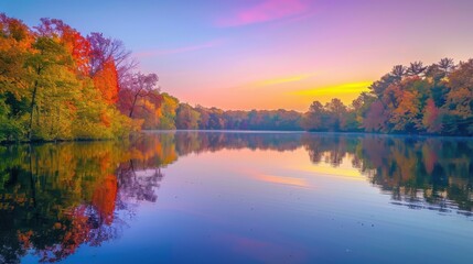 Fototapeta premium Autumn landscape with vibrant foliage reflecting in a calm lake, capturing the essence of fall beauty