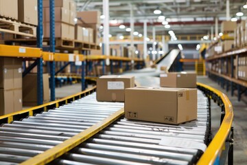 Warehouse with boxes on a conveyor belt, showcasing the process of package sorting and logistics in an organized industrial environment.