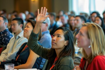 Fototapeta premium Woman raising her hand during a seminar with attentive participants.