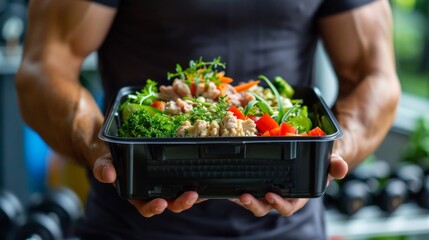 Man holding a plastic black container box with healthy fitness meal including white meat, fresh green salad and vegetables.