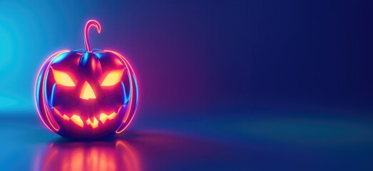 neon-outlined jack-o'-lanterns with glowing faces in a dark setting, surrounded by out-of-focus colorful lights, creating a vibrant and festive Halloween night scene.