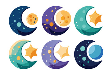 Six Cartoon Crescent Moons with Stars and Planets
