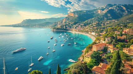 Naklejka premium Beautiful French Riviera coastline with luxury yachts and Mediterranean charm