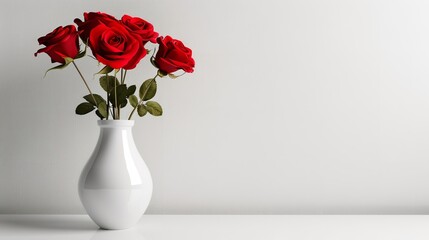 A white background copy space is paired with a white vase filled with red roses on the table, Generative AI.