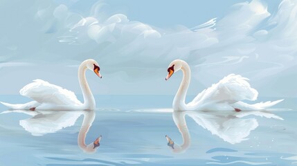 Two white swans on a calm lake.