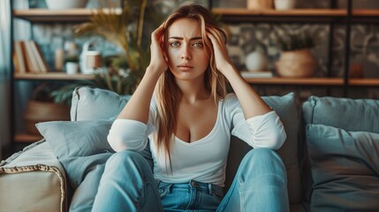 Obraz premium Woman with headache and migraine sitting on couch feeling bad and dizzy. Hands grab your head. Burnout symptoms and facial expressions distorted in pain