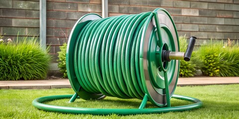Large diameter hose on green reel AI-Generated Content, irrigation machinery, farm water