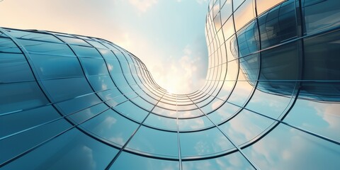 Obraz premium Futuristic Cityscape: Modern Glass Skyscrapers Reflecting Blue Sky. Sunlit Urban Landscape Symbolizing Prosperity and Technological Advancement. Creative Architectural Composition for Business, Innova