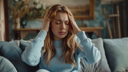 Obraz premium Woman with headache and migraine sitting on couch feeling bad and dizzy. Hands grab your head. Burnout symptoms and facial expressions distorted in pain