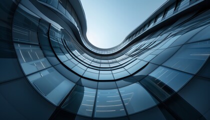 Obraz premium Futuristic Cityscape: Modern Glass Skyscrapers Reflecting Blue Sky. Sunlit Urban Landscape Symbolizing Prosperity and Technological Advancement. Creative Architectural Composition for Business, Innova