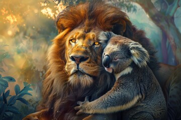 a lion and a koala in a cozy embrace, highlighting the gentle side of these wild animals. Great for storybooks and family-friendly art.