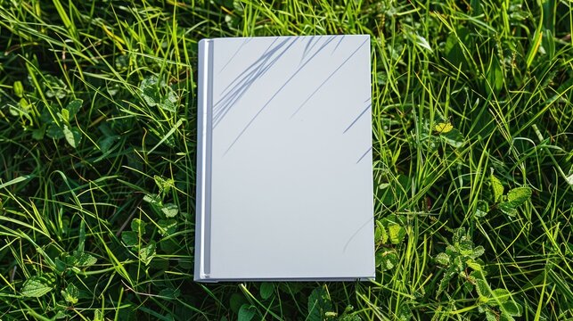 Blank white clean book on green grass mockup material concept background wallpaper AI generated image