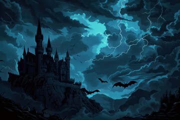 Fototapeta premium A dark, ominous castle with bats flying around, set against a stormy night sky with lightning