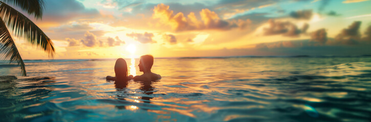 Couple savors a romantic sunset in an infinity pool with an ocean view, wide view - Powered by Adobe