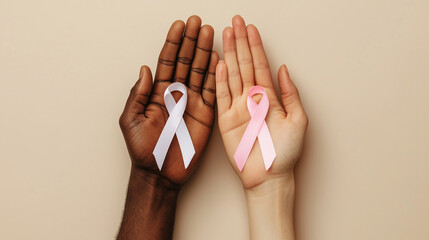 side by side black man and caucasian woman hands holding together a pink ribbon in support for breast cancer month .