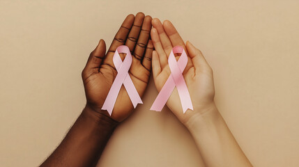 side by side black man and caucasian woman hands holding together a pink ribbon in support for breast cancer month .