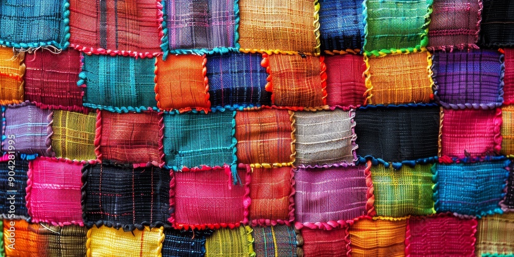 Poster woven fabric texture with geometric patterns and vibrant colors, ideal for textile and fashion desig