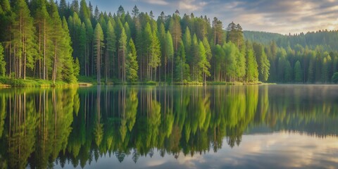 Obraz premium Serene forest landscape with tall trees reflected in calm lake water Creative AI, serenity, forest, calm, trees